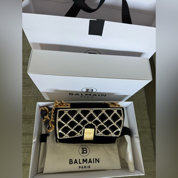 Balmain Handbags - Balmain Black and Gold Clutch with Chain Details